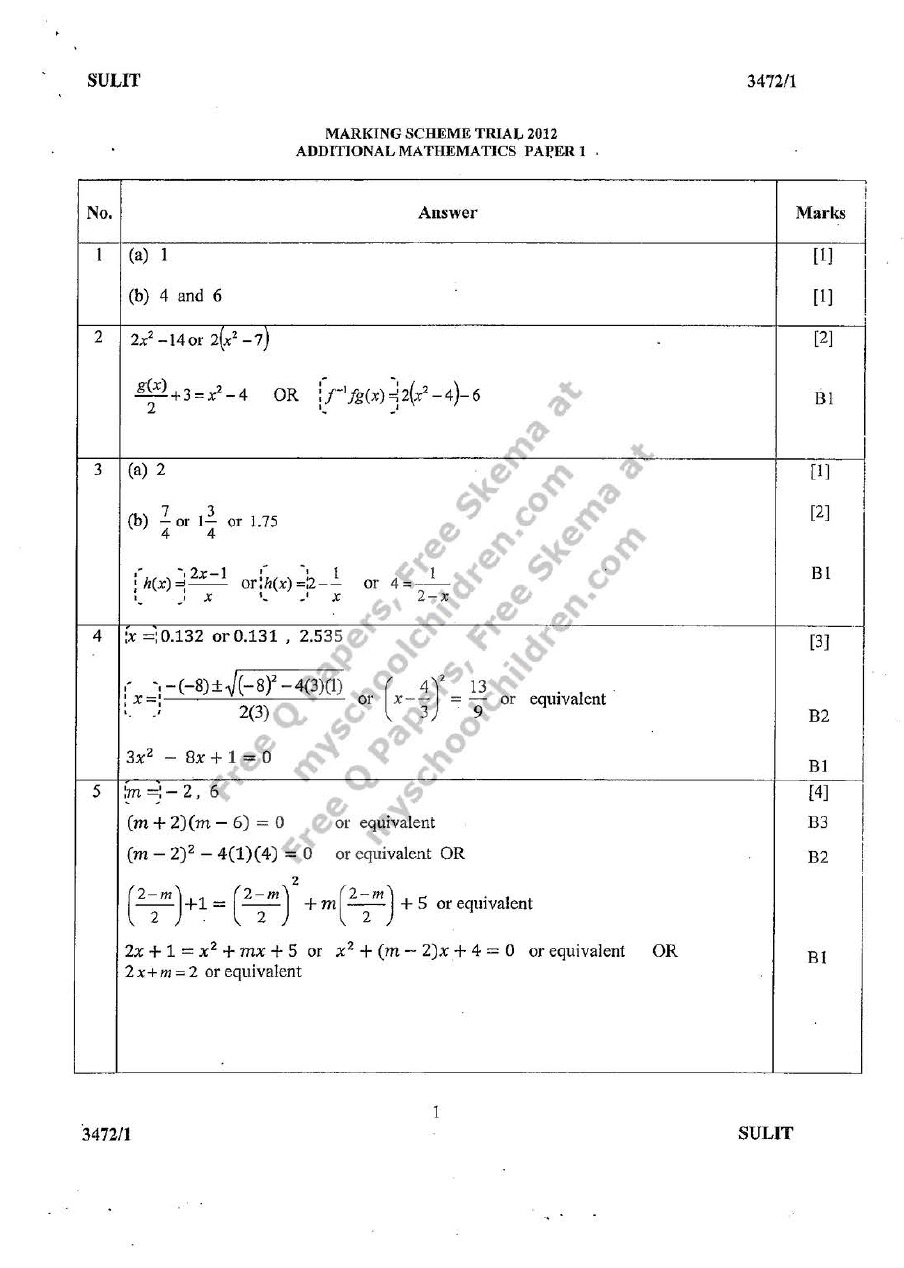 Skema Matematik Tambahan Kertas 1 2 Percubaan Spm 2012 Mrsm Pdf Document